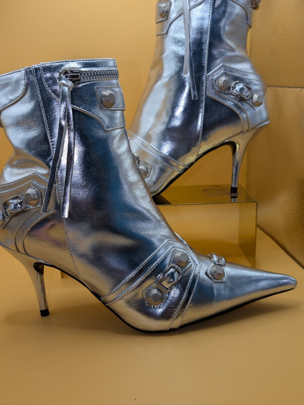 Metallic Silver Pointed-Toe Ankle Boots - Women